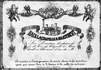 804204 Afbeelding van een uitnodigingskaart voor de feestelijke opening van de spoorlijn Aken-Maastricht uit 1853.